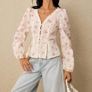 Multicolor Boho Women's Embroidered Floral Print Shirt